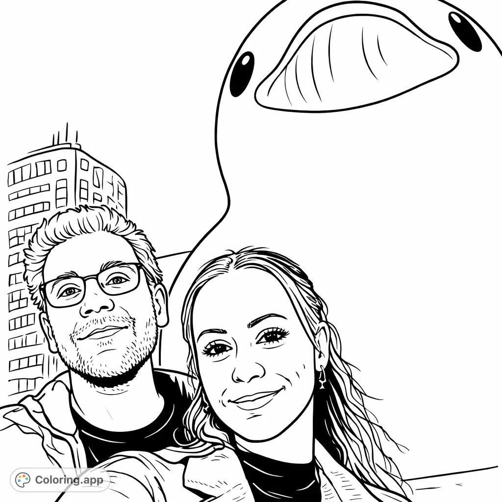 A fun coloring page featuring two smiling people in a cityscape with a massive, inflatable duck figure. Perfect for urban art and whimsical fun!