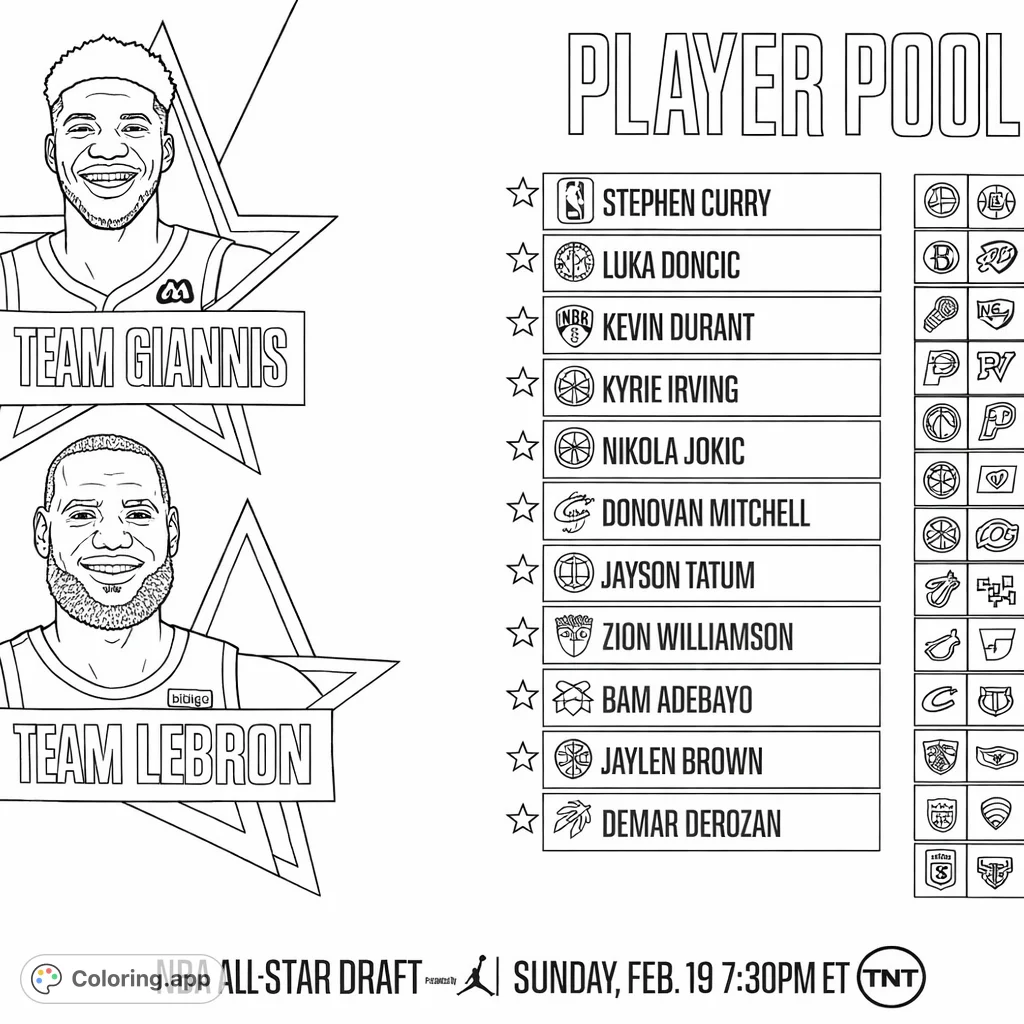 A detailed basketball coloring page featuring iconic players, team logos, and a player draft list. Perfect for sports fans of all ages!