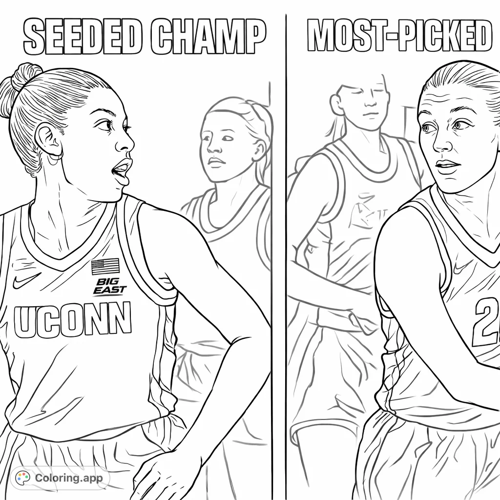 A dynamic coloring page featuring two intense female basketball players in a face-off, perfect for sports enthusiasts to personalize with team colors and creative flair.