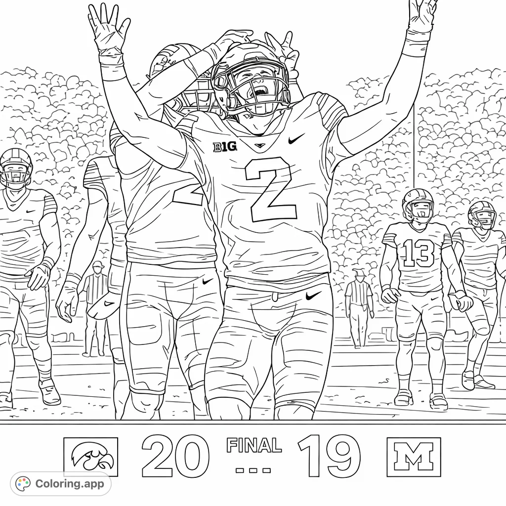 Capture the electrifying moment of a football victory with this dynamic coloring page featuring a jubilant player and his team on the field.