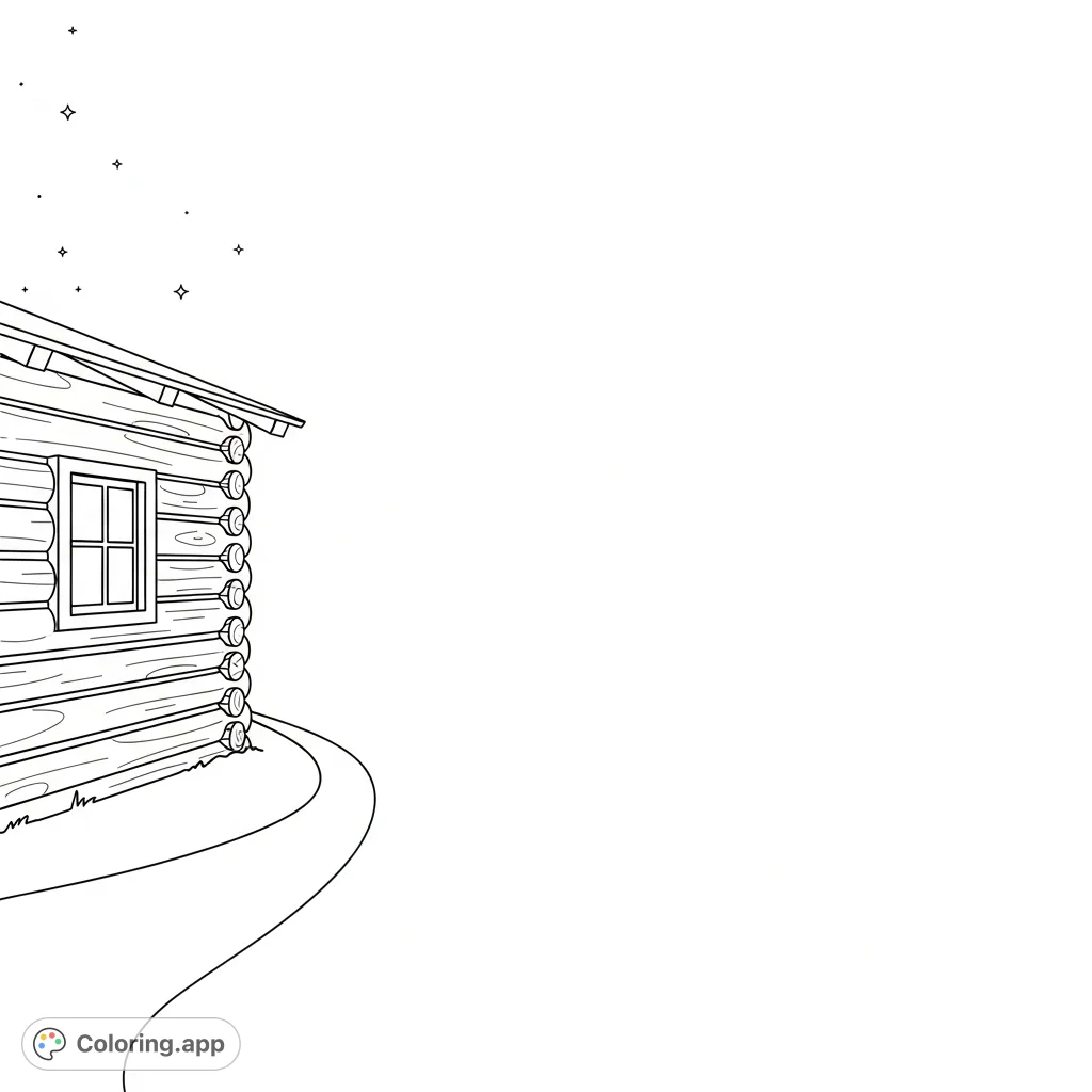 A peaceful rustic log cabin scene with a small window, a winding path, and subtle celestial elements, perfect for a relaxing coloring experience.