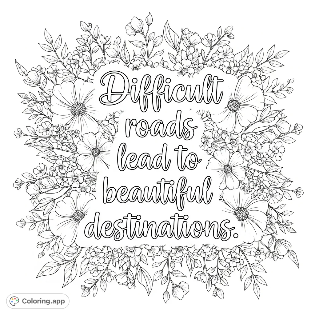 An elegant quote, "Difficult roads lead to beautiful destinations," framed by a dense, charming flowery background. A beautiful, free printable coloring page.