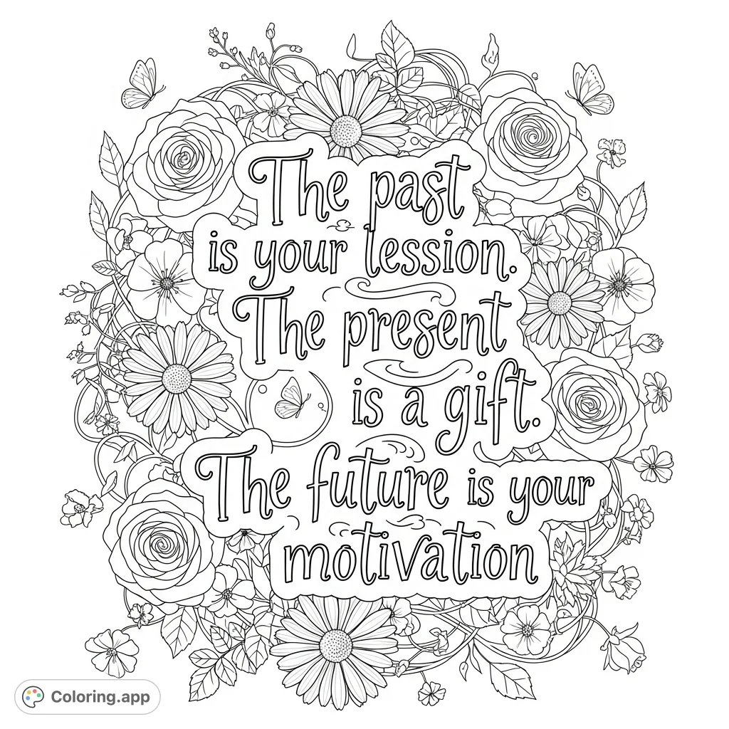 A beautiful coloring page featuring an uplifting quote in elegant script, surrounded by an abundant arrangement of blooming flowers and delicate butterflies.