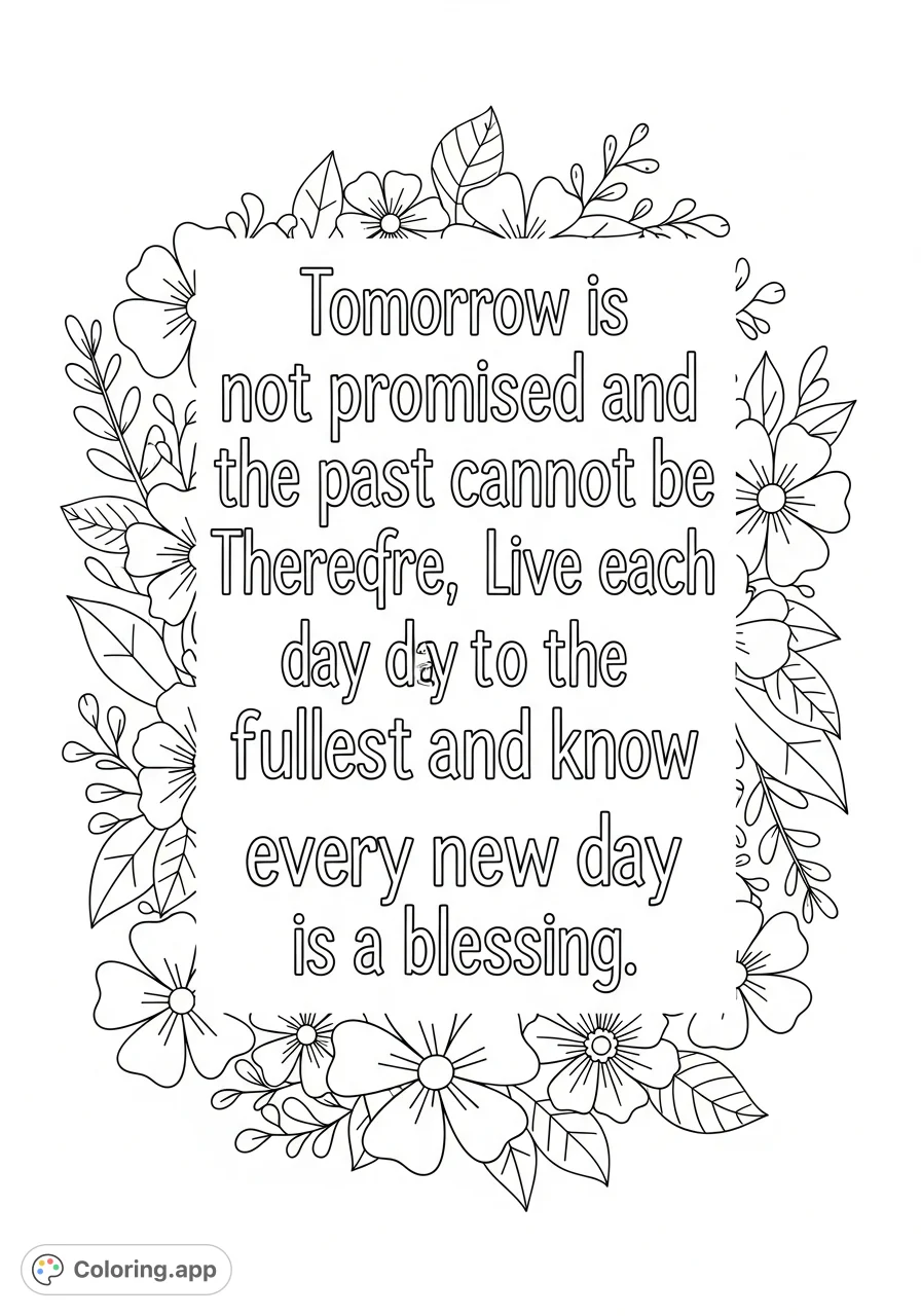 ", framed by charming, simple floral patterns. A perfect free printable coloring page for mindful reflection.