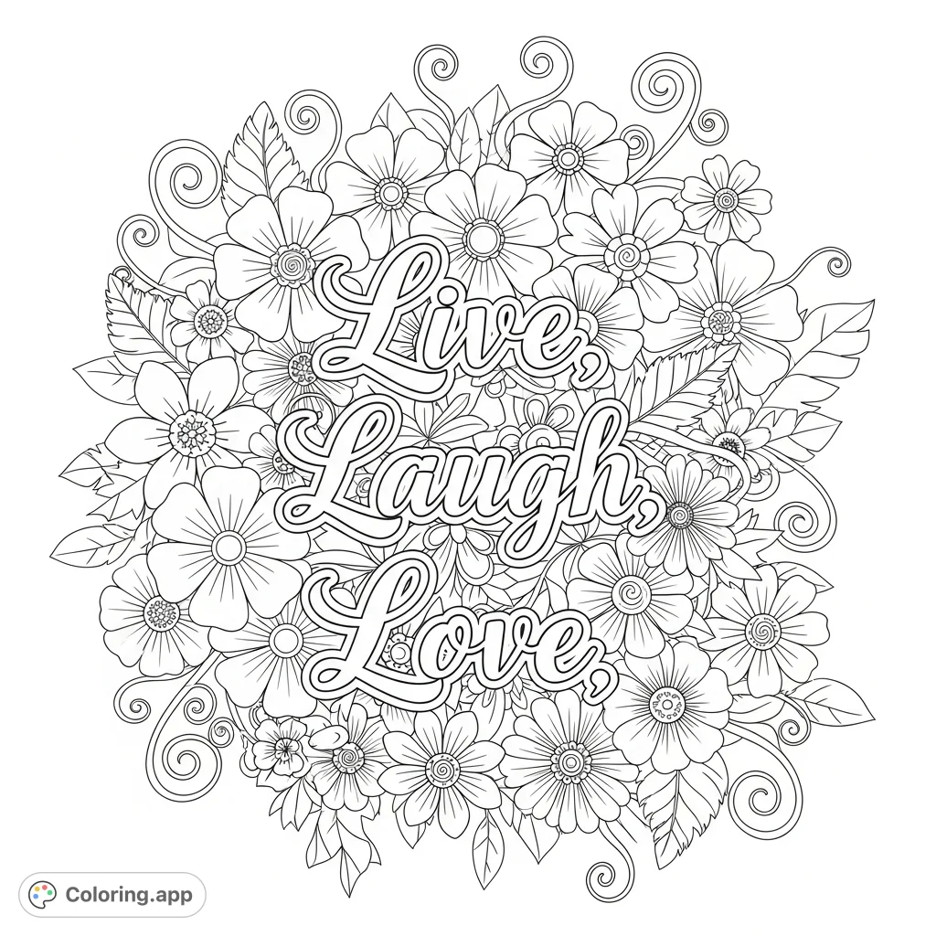 A beautiful "Live, Laugh, Love" quote in elegant script, surrounded by a whimsical border of diverse flowers, leaves, and intertwining stems, creating a lovely scene.