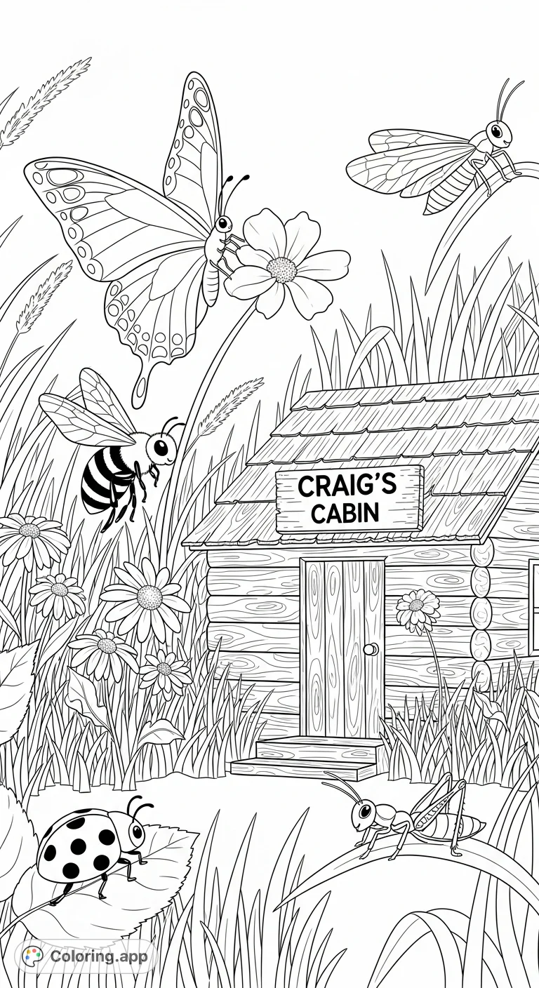 Explore "Craig's Cabin" with delightful insects! A charming cabin scene filled with butterflies, bees, ladybugs, and more, perfect for young nature lovers.