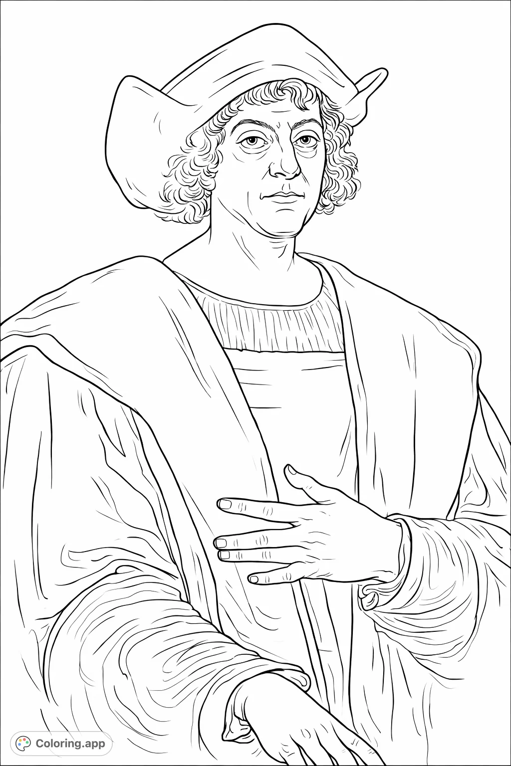 A detailed portrait coloring page of a distinguished historical figure in formal attire, featuring intricate clothing folds and expressive facial details.