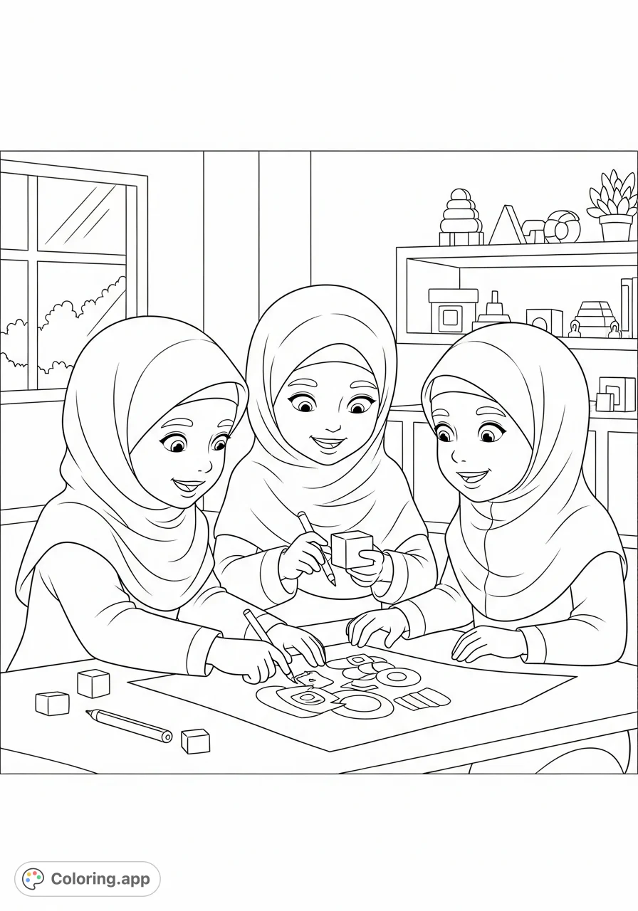 A heartwarming free printable children playing together coloring page featuring kids in hijabs collaborating on a project. Perfect for promoting diversity and teamwork!