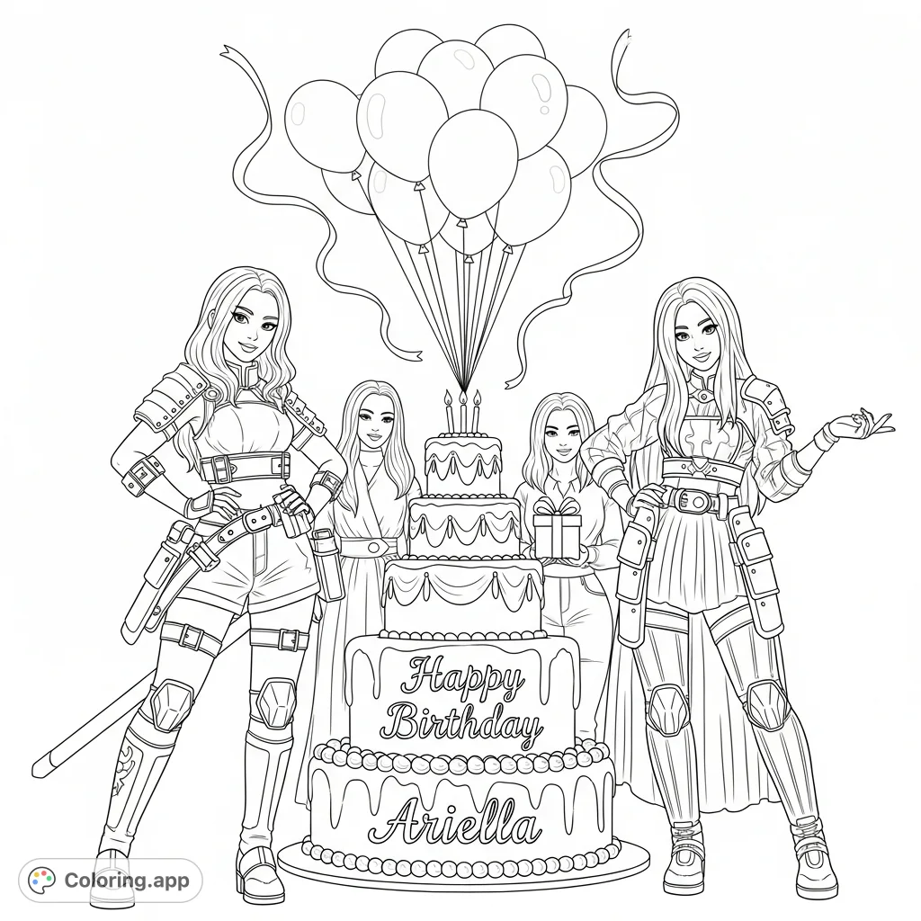 Kpop-inspired demon hunter girls, Rumi and Mira, celebrate with a multi-tiered birthday cake for 'Happy Birthday Ariella,' surrounded by gifts and festive balloons.