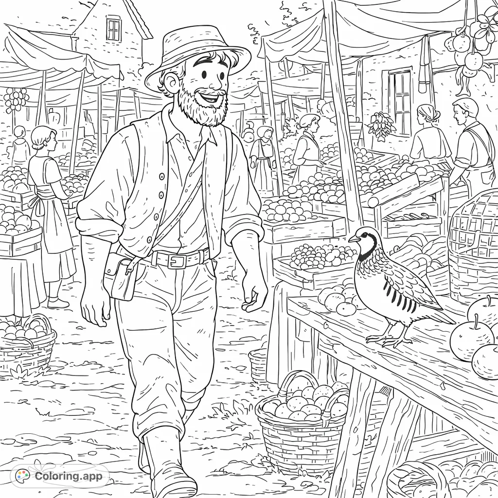 Explore a vibrant market scene with a cheerful vendor and a curious bird amidst abundant produce. A delightful market day adventure awaits your creative touch.