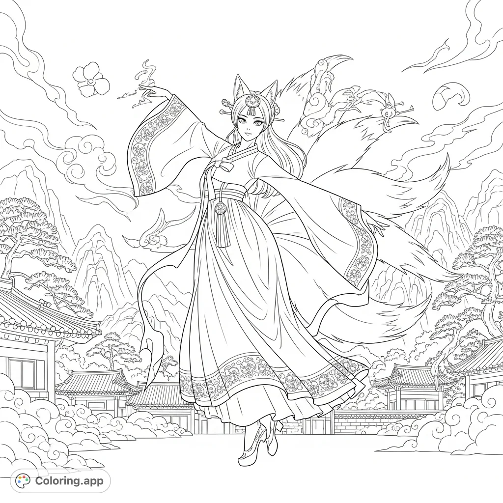 An alluring Kisaeng Ninetailed Fox in human form dances gracefully amidst an ancient Korean fantasy landscape, perfect for detailed coloring.