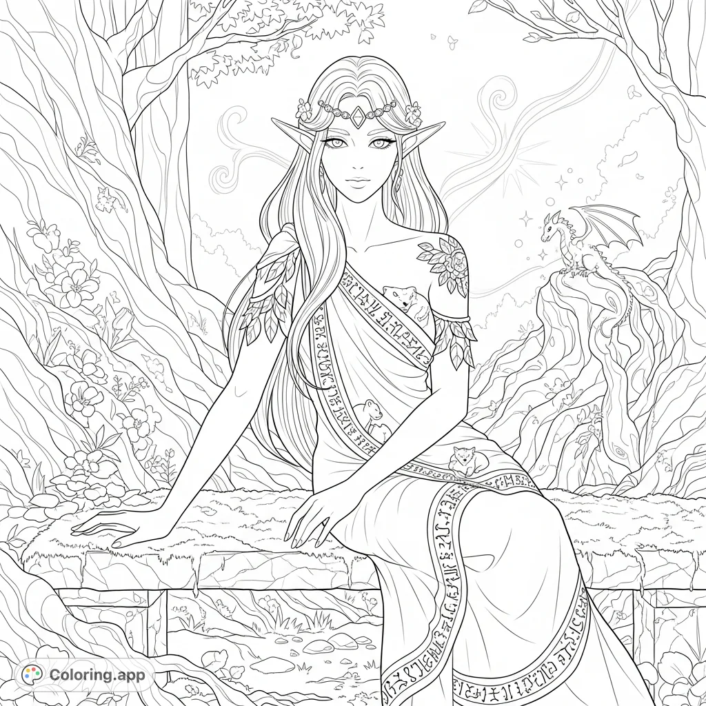 Discover an elegant elf woman in a mystical forest, gracefully posed amidst glowing flora. This intricate, free printable elf sensual coloring page offers artistic challenge for adults.