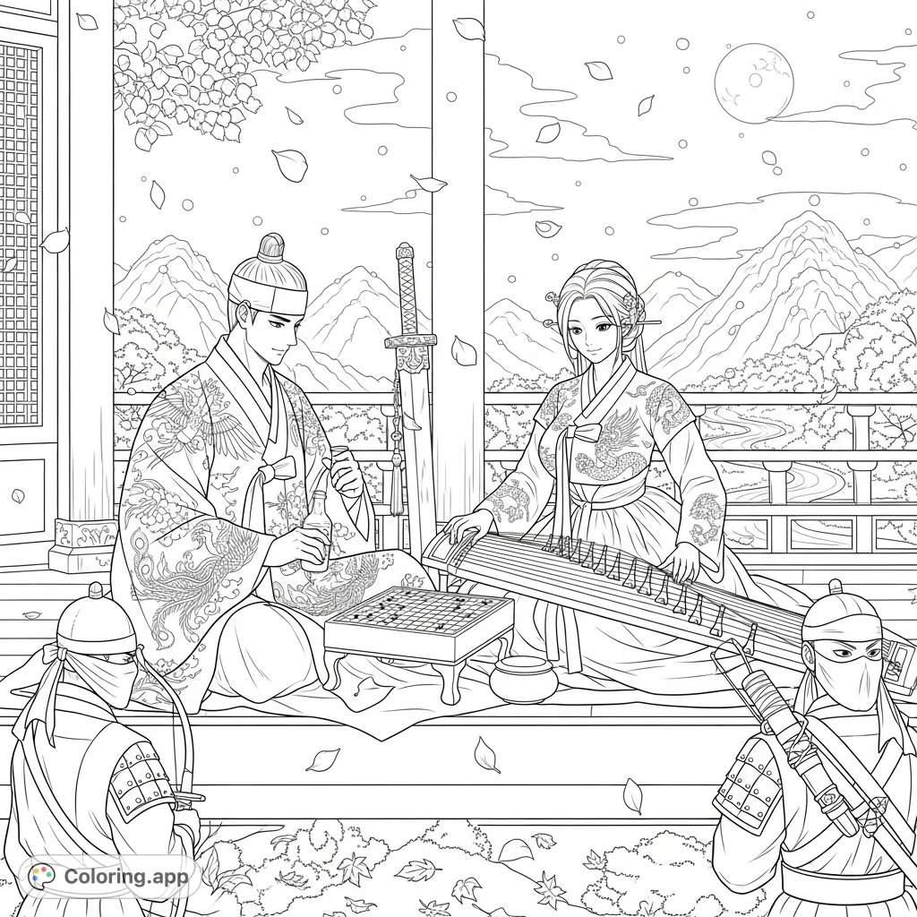 Experience a captivating Joseon era scene: a nobleman plays Go, a kisaeng performs gayageum, and masked bodyguards watch under a moonlit sky.