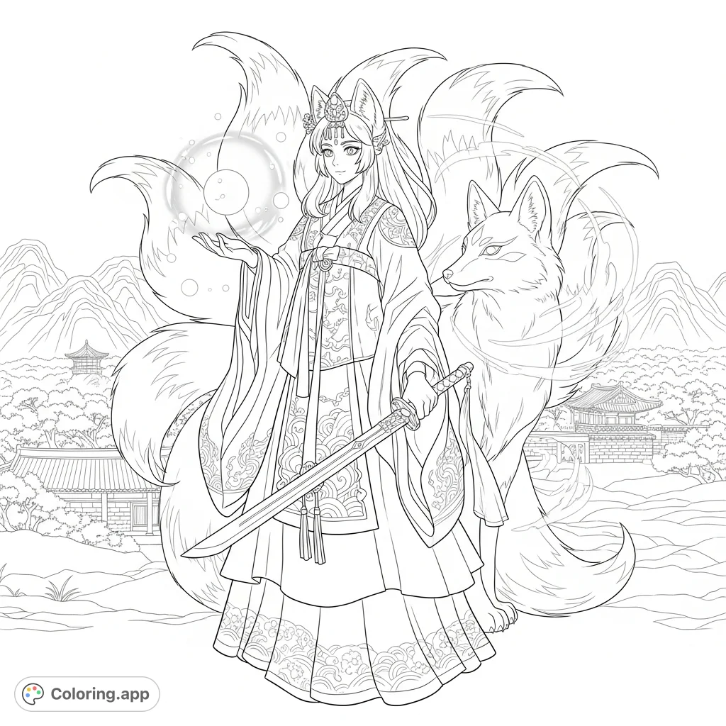 An elegant Nine Tailed Fox in Joseon robes, holding a luminous sphere and sword, stands with a large fox against a detailed Korean landscape.