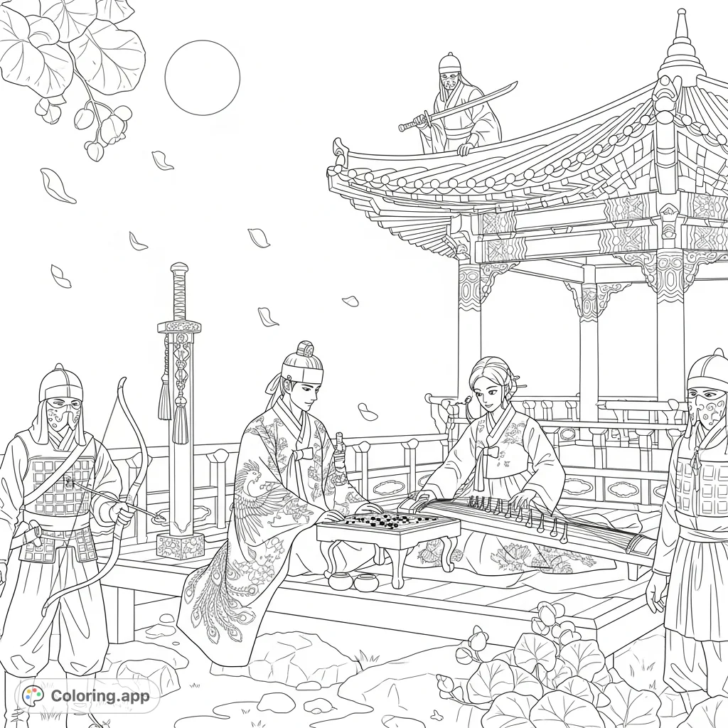 Immerse in Joseon history with a nobleman and kisaeng in a moonlit pavilion scene. Intricate details and cultural richness await your creative touch.