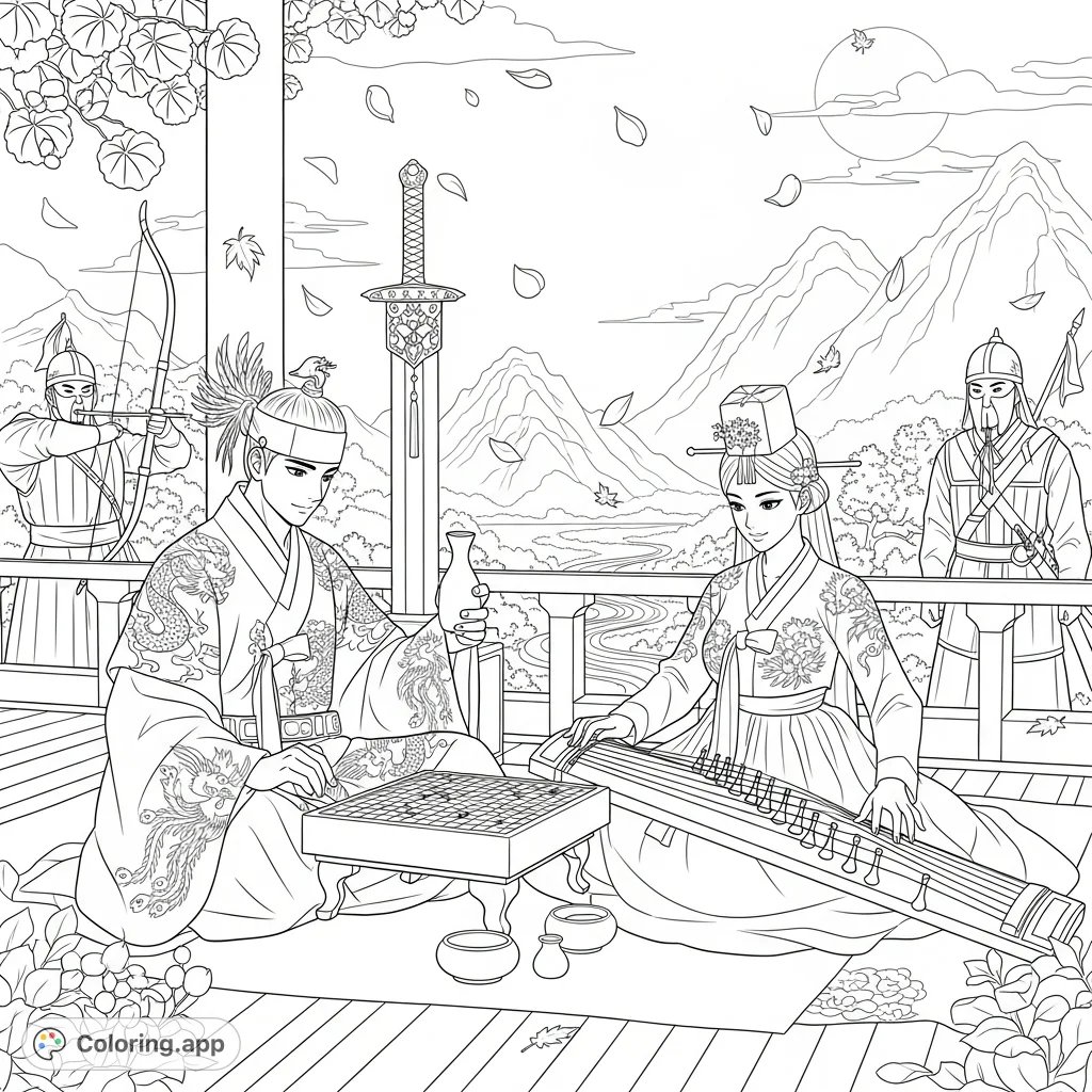A detailed Joseon era scene featuring a nobleman playing Go with a kisaeng performing gayageum, surrounded by intricate details and a serene Korean landscape.