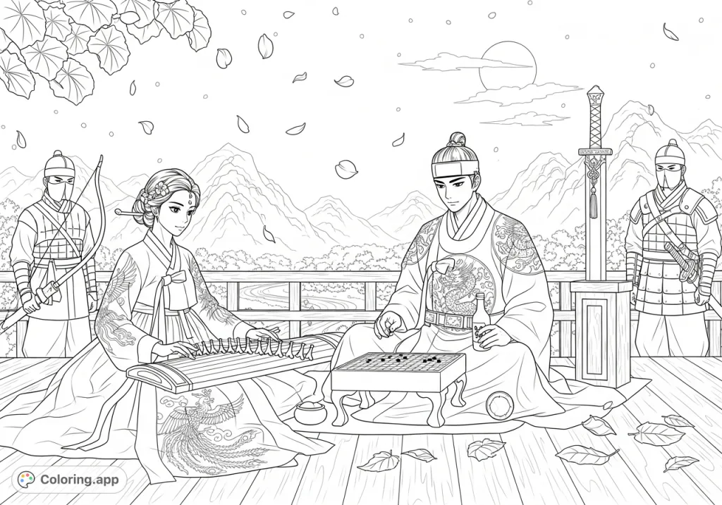Experience a grand Joseon-era scene featuring a nobleman playing Go, a kisaeng performing, and masked bodyguards under a moonlit sky, all set against a stunning Korean landscape.