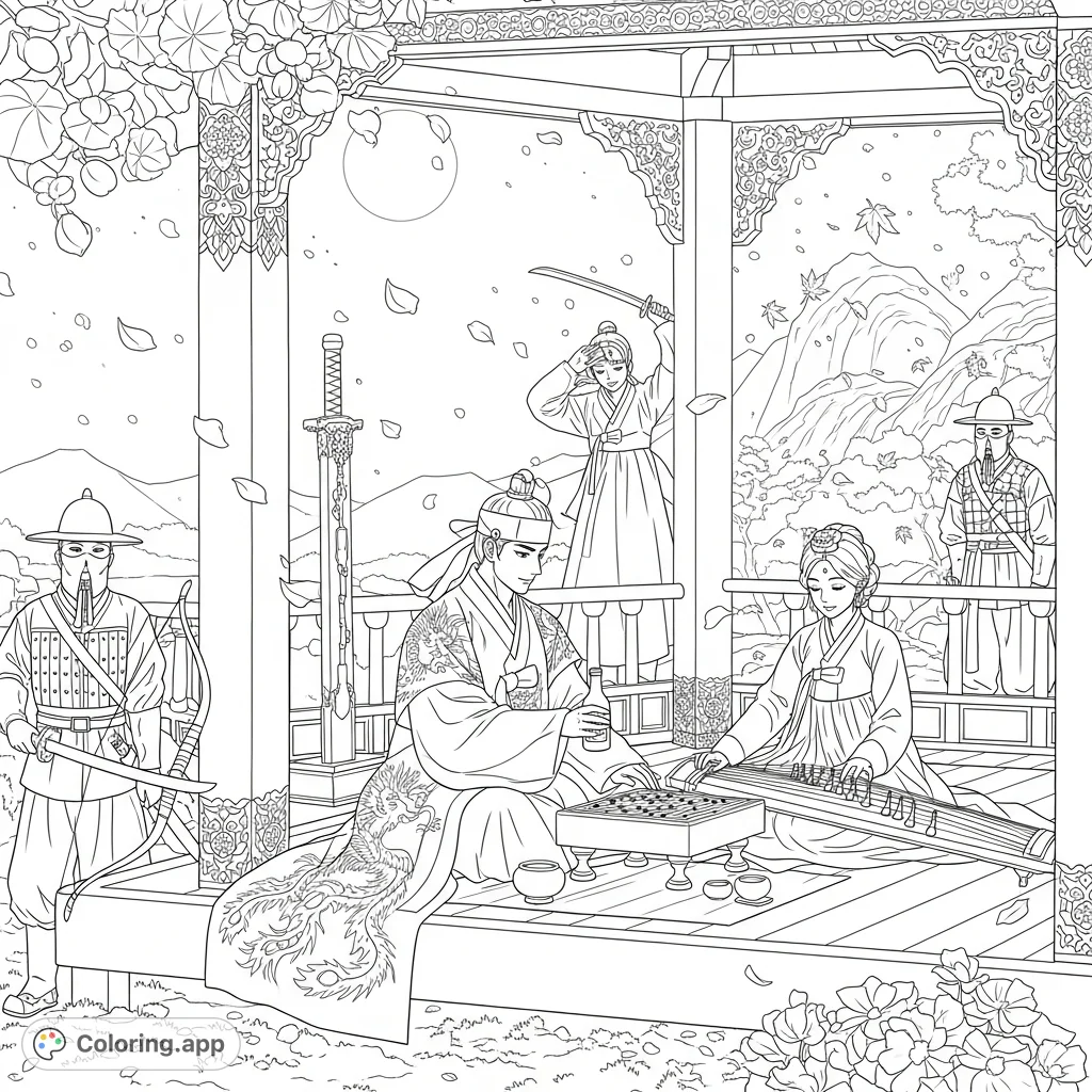 A Joseon nobleman enjoys a Go game and soju on a pavilion, serenaded by a kisaeng, under a moonlit sky with masked bodyguards. A detailed historical scene.