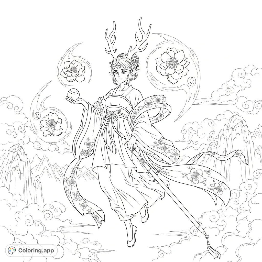 Color a majestic Hanfu maiden with Eastern Dragon Antlers, floating amidst a swirling Qi Aura, holding a spherical object, with a Jian and Chinese landscape.