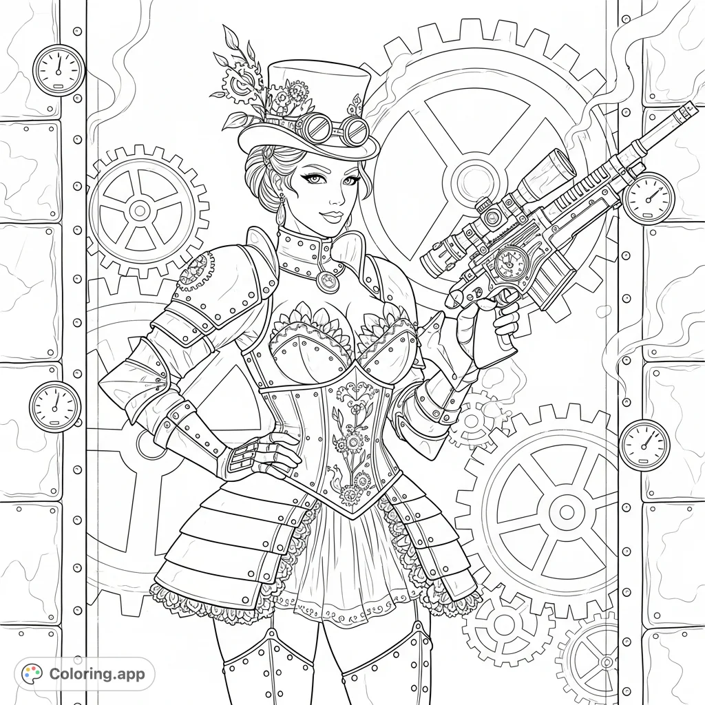 A captivating steampunk pinup in an intricate gothic plate armored dress, confidently holding a sniper rifle amidst colossal clockwork gears. A detailed coloring page for enthusiasts.