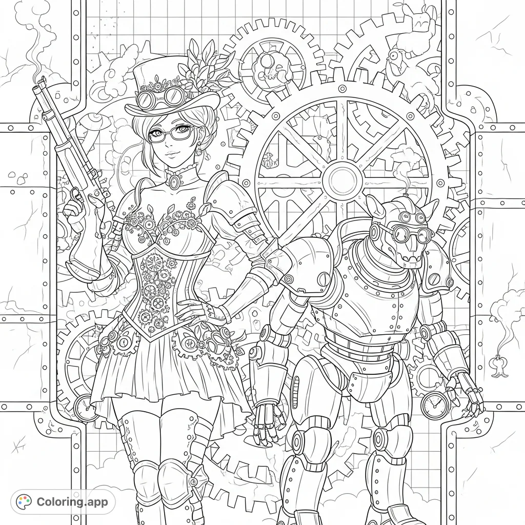 An extraordinary steampunk coloring page featuring a confident pinup figure with a rifle and a colossal Colossus Clockwork Golem amidst intricate gears and steam.