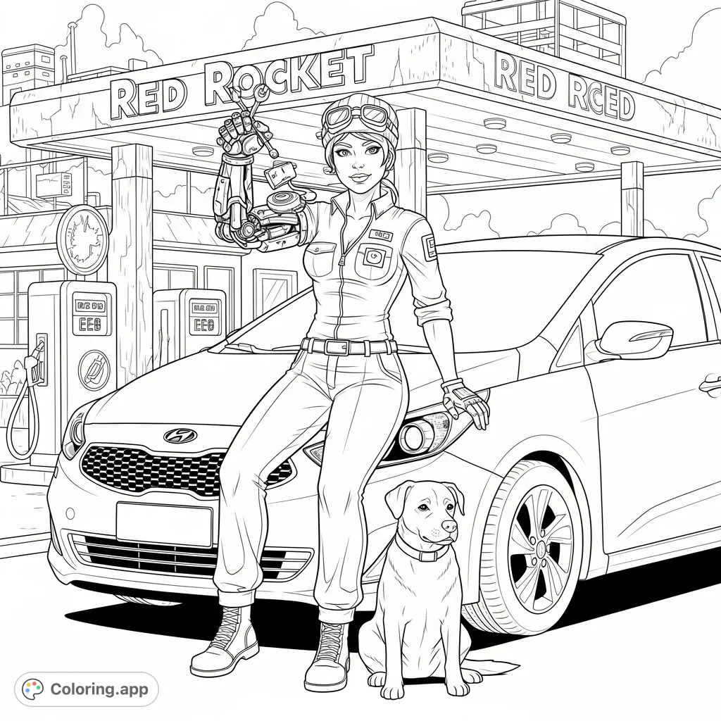 A striking Fallout-inspired mechanic and her dog at a weathered Red Rocket Gas Station, showcasing a retro-futuristic aesthetic. Perfect for adults.