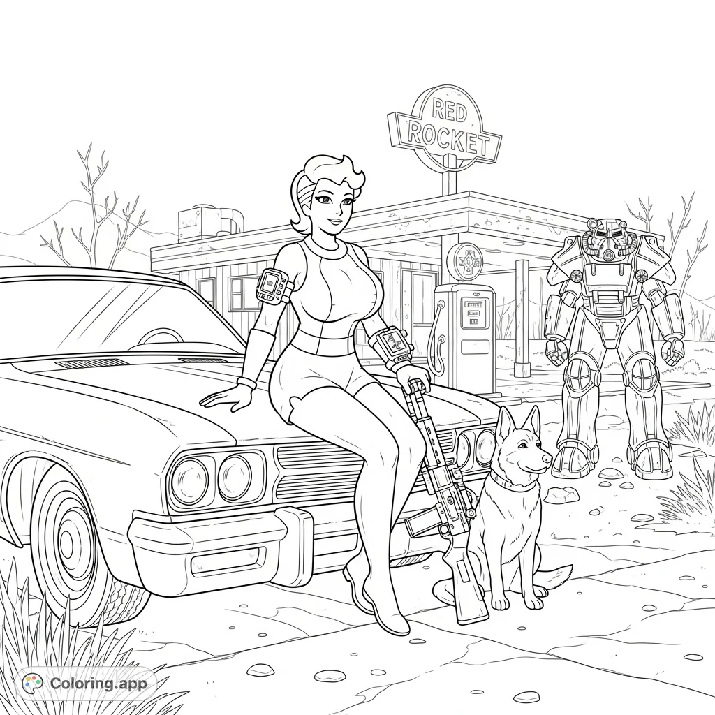 A Vault Girl and her German Shepherd pose by a Corvega and Power Armor at a Red Rocket station in a retro-futuristic wasteland. An iconic scene for Fallout fans!