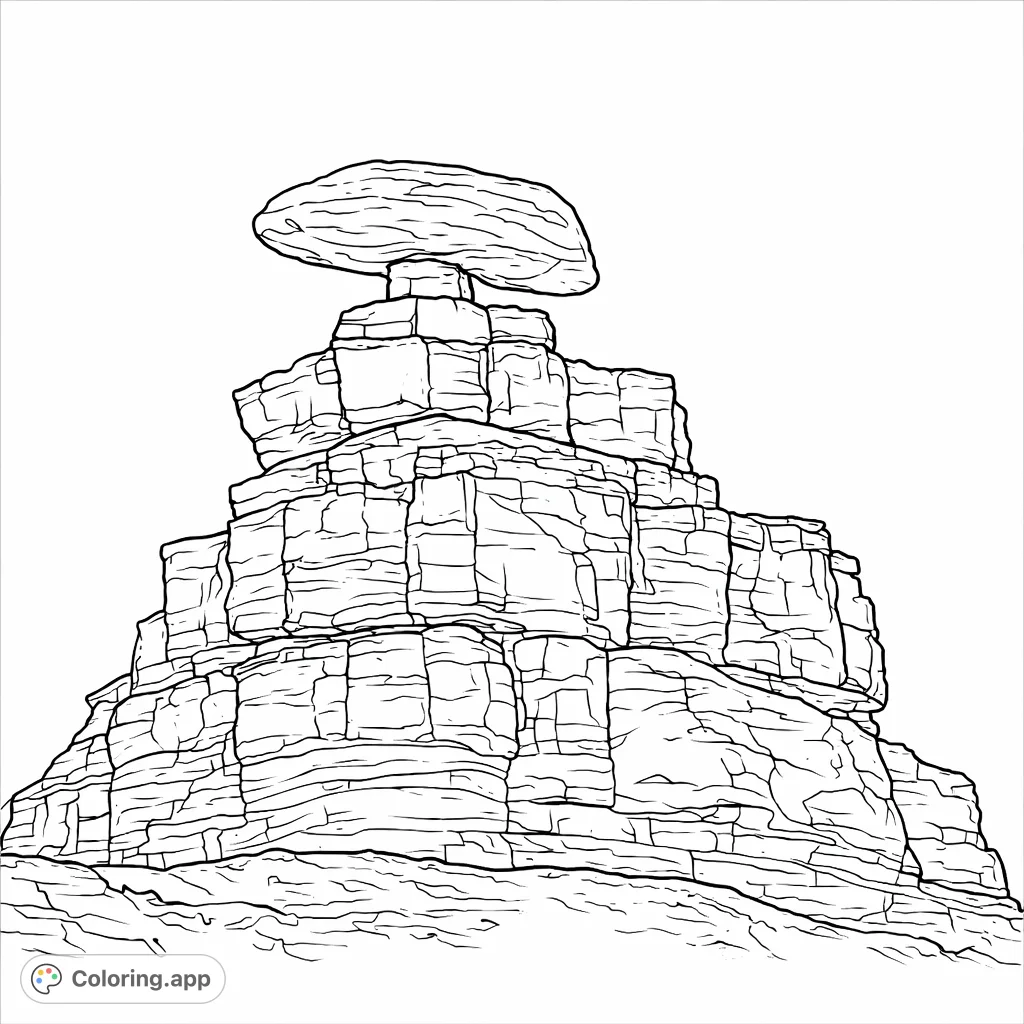 Discover a striking balanced rock formation, a natural wonder featuring a broad, flattened cap perched on a weathered, layered pedestal against an open sky.