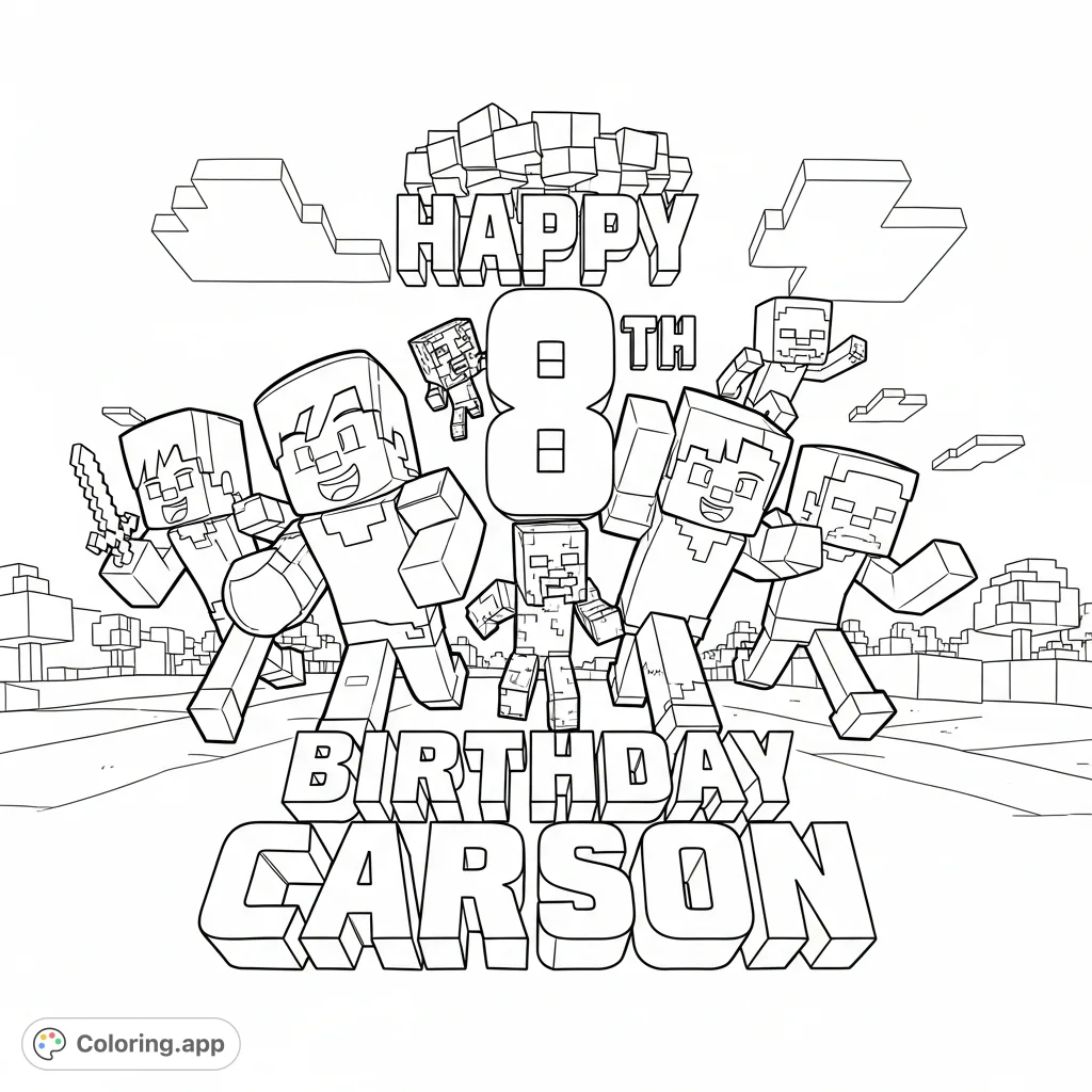 Steve, Alex, a Creeper, and Zombie rush out from behind 'happy 8th birthday Carson' blocky text in a dynamic, pixelated Minecraft scene!