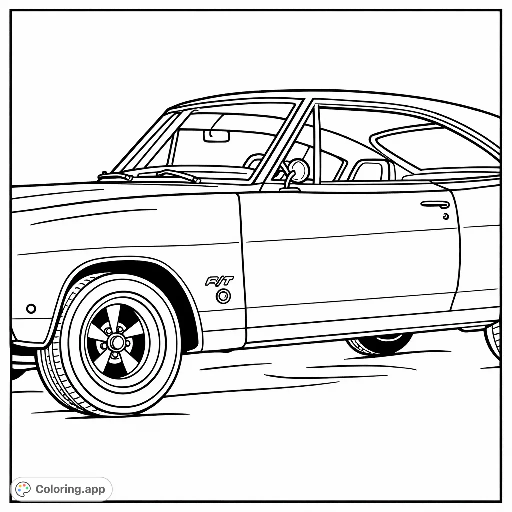 Color a bold classic muscle car, featuring a sleek body, iconic wheels, and detailed trim. Perfect for car enthusiasts and creative minds!