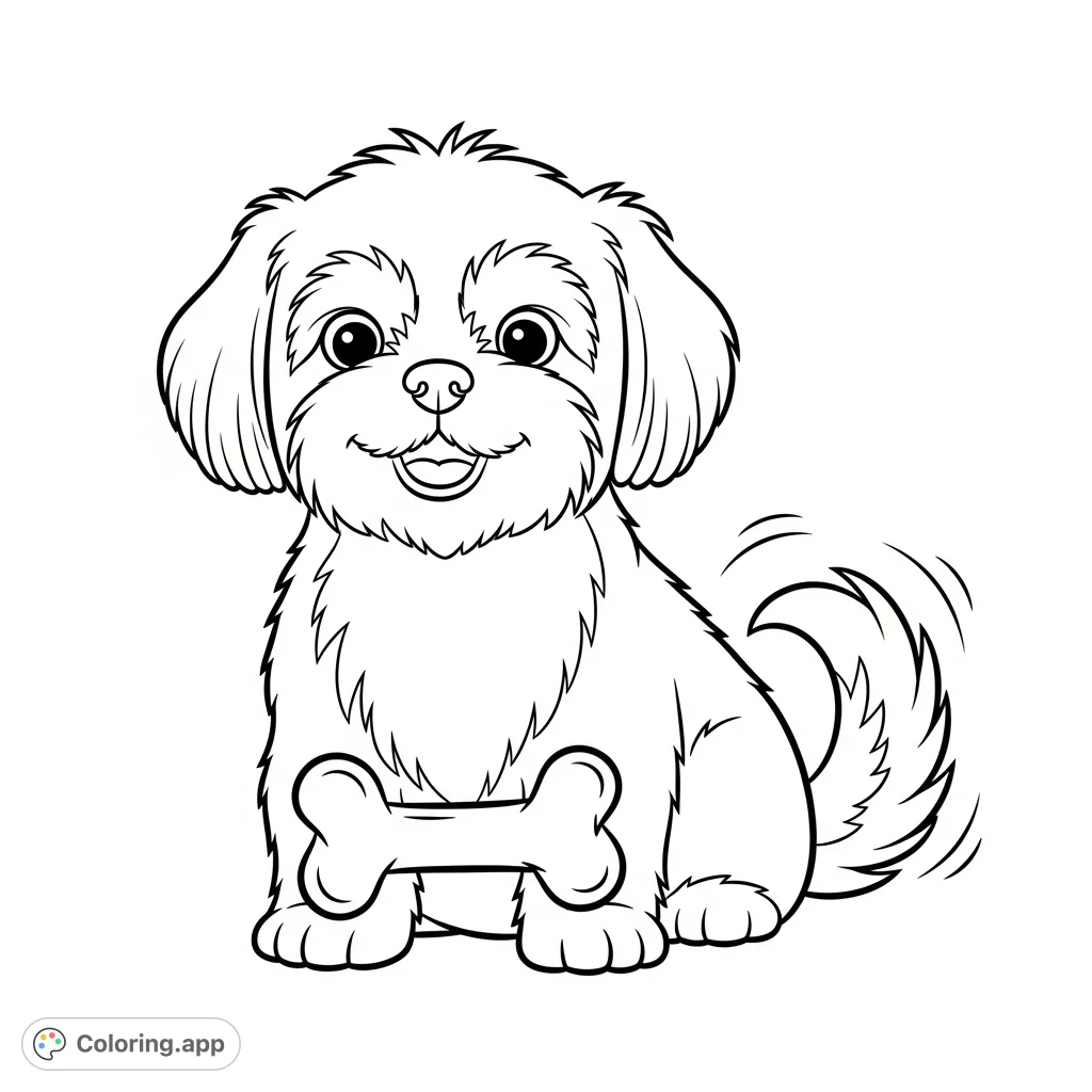 A happy, cartoon Shih Tzu sits politely, wagging its tail while holding a bone. This adorable Shih Tzu coloring page is perfect for all ages.