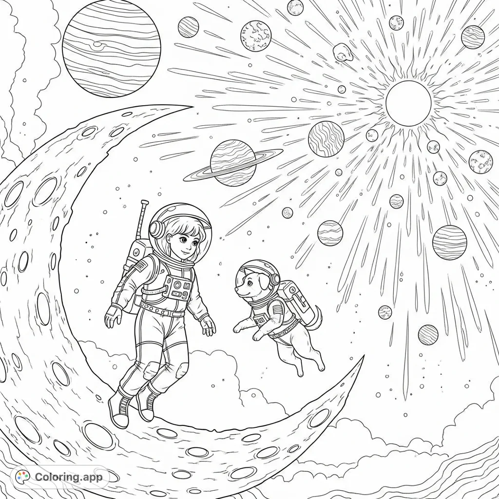 Explore the cosmos with a girl and her dog in astronaut suits, witnessing planets converging towards a distant sun in this captivating space adventure coloring page.