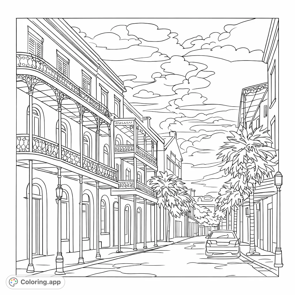 Immerse yourself in a lively streetscape featuring historic buildings with intricate balconies, tall palm trees, and a charming urban atmosphere. Perfect for creative expression.