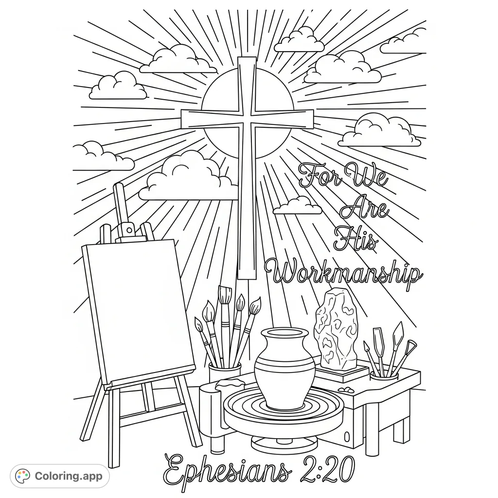 Explore a meaningful creation-themed coloring page featuring an art easel, pottery wheel, sculpting tools, a cross, and the scripture "Ephesians 2:20".