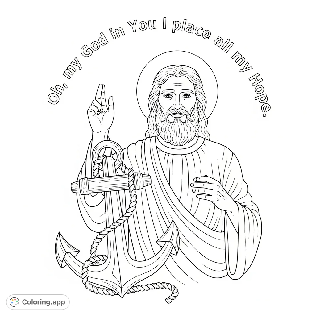 A heartfelt coloring page featuring God the Father with a majestic anchor, adorned with an inspirational message of hope and faith.