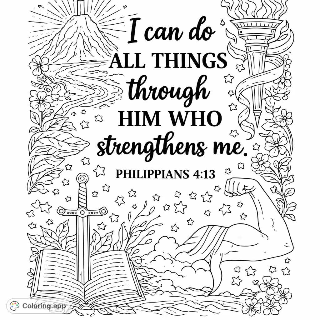 An uplifting Philippians 4:13 coloring page featuring a powerful scripture surrounded by symbols of strength, faith, and nature.