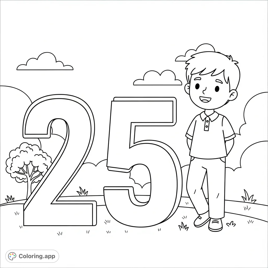 A delightful number 25 coloring page featuring a smiling boy, perfect for young learners. This free printable offers simple shapes for easy coloring fun.