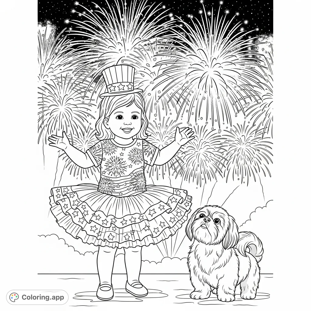 A joyful child in a flag-themed tutu and a Shih Tzu gaze at a grand fireworks finale. Perfect for celebrating Fourth of July and summer fun!
