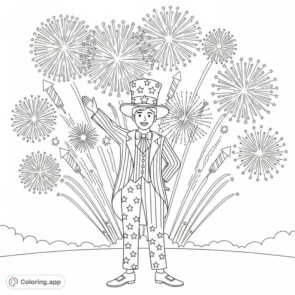 Celebrate with a festive individual in a Fourth of July costume, surrounded by a spectacular display of exploding fireworks in the night sky. Perfect for all ages.