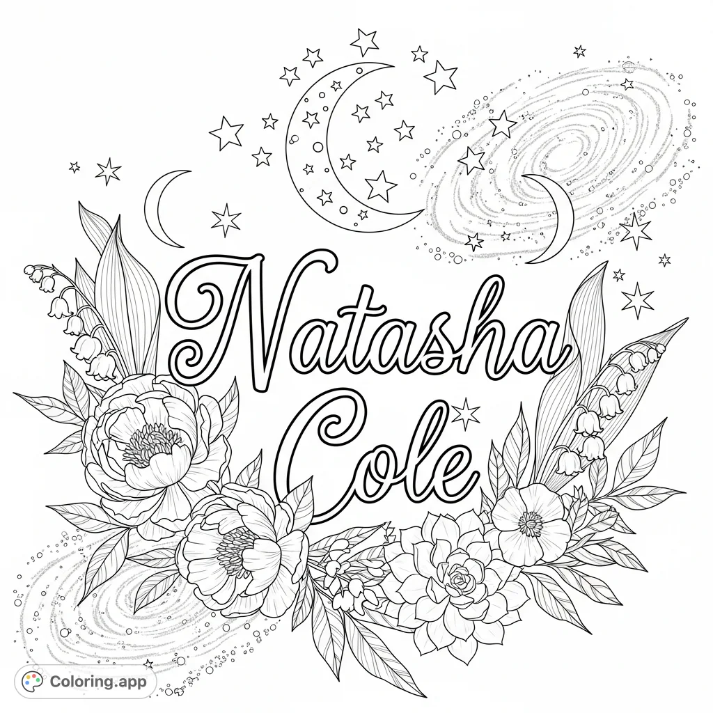An elegant 'Natasha Cole' script surrounded by intricate flowers, celestial moon and stars, all set against a swirling galaxy. A personalized and detailed coloring page.