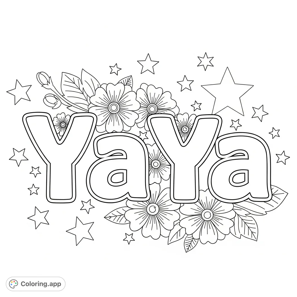 A cheerful coloring page featuring the name YaYa in decorative lettering, surrounded by stars and flowers. Perfect for personalization or a special gift.