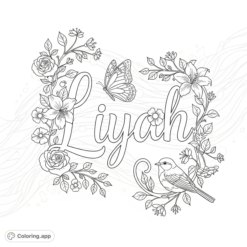 A charming Liyah coloring page featuring the name in elegant script, adorned with intricate floral designs, delicate vines, a butterfly, and a tiny bird.