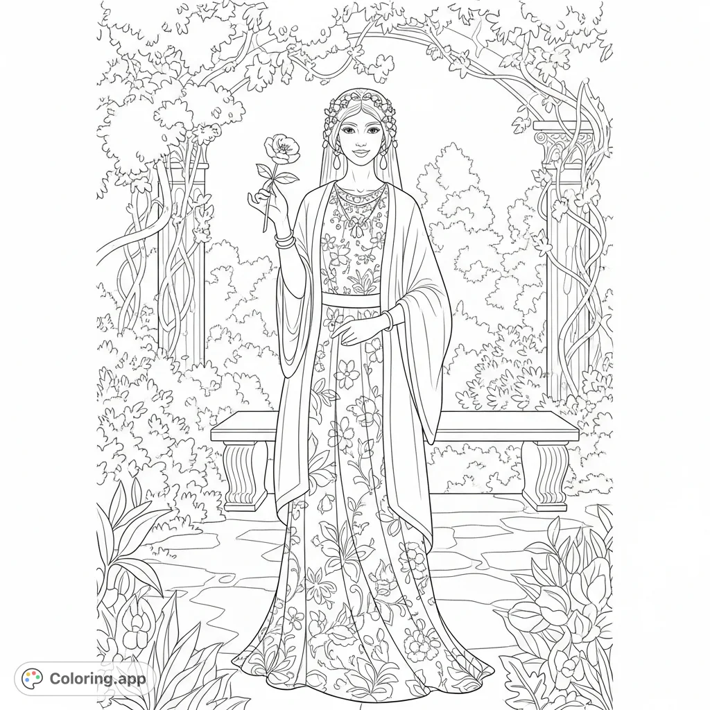 Discover the enchanting Ima Liyah coloring page, featuring a graceful figure amidst a tranquil garden with detailed floral patterns. A free printable coloring page.