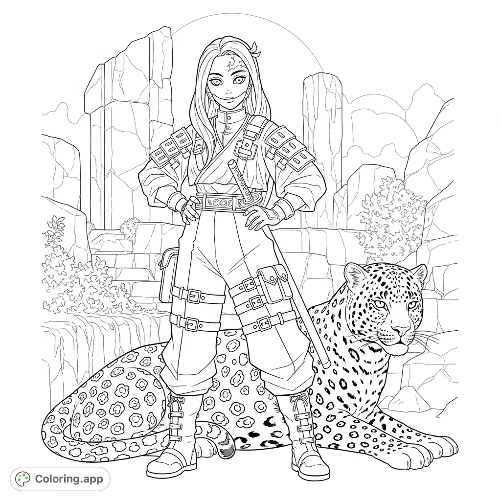 Mira from Kpop Demon Hunters heroically stands with a majestic leopard against an ancient, rugged backdrop. A detailed kpop demon hunters coloring page.