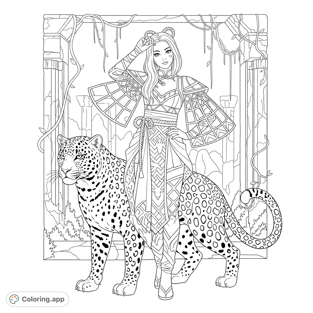 A striking kpop deamon hunters coloring page featuring Rumi alongside a powerful leopard in an ancient ruin. Perfect for fans and animal lovers.