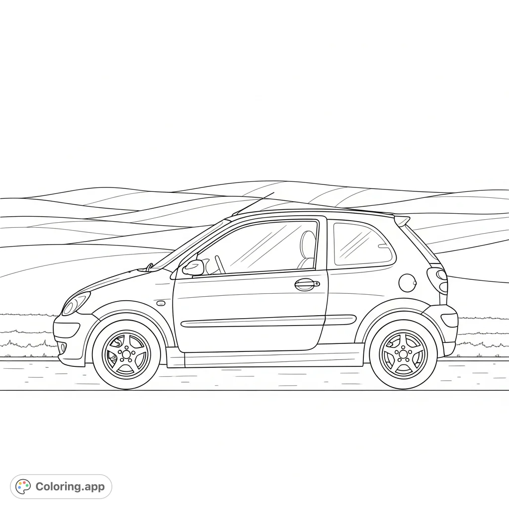 A sleek compact two-door car in side profile, parked on a textured road with a simple rolling hill background. Perfect for vehicle enthusiasts and aspiring designers.
