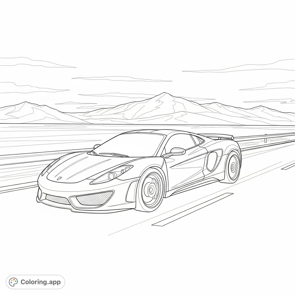 Experience the thrill of speed with this dynamic sports car coloring page. A sleek vehicle rushes on a deserted highway, mountains in the distance, perfect for all car enthusiasts.