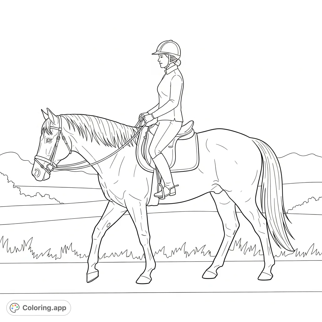 Capture the serene beauty of a horse and rider on a peaceful walk. This detailed horse riding coloring page offers a delightful scene for all ages.