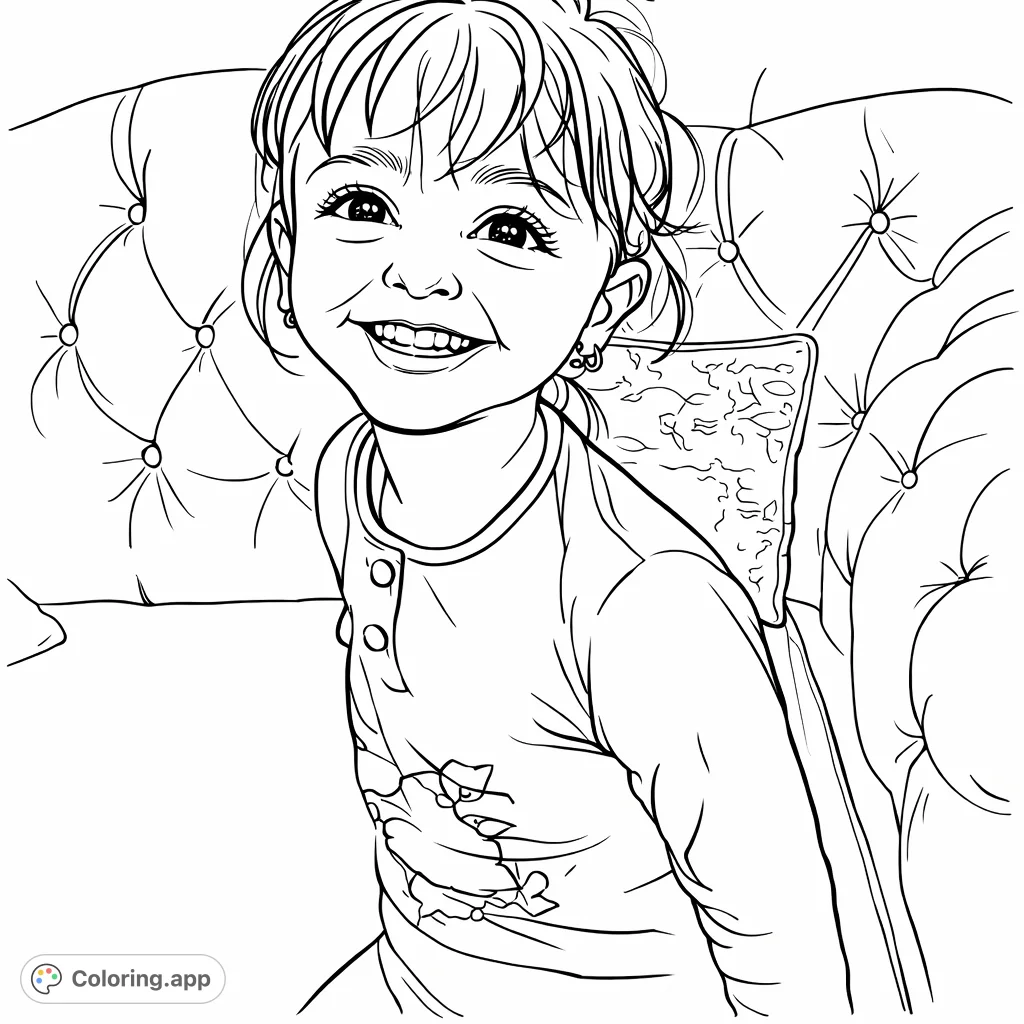 A delightful coloring page featuring a happy young girl with a beaming smile seated on a plush, tufted sofa, perfect for imaginative coloring.