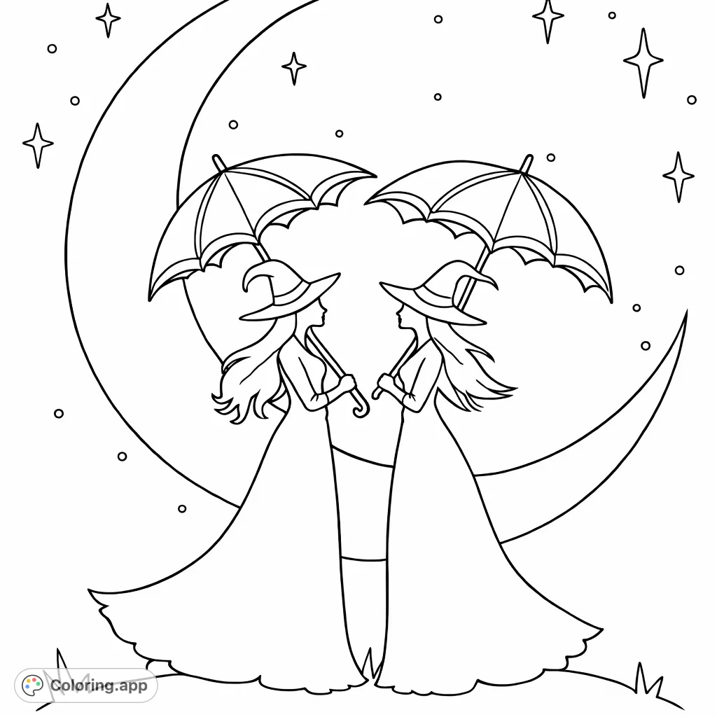 Two whimsical witches stand beneath a luminous crescent moon and starry sky, holding umbrellas. A magical scene perfect for creative coloring.